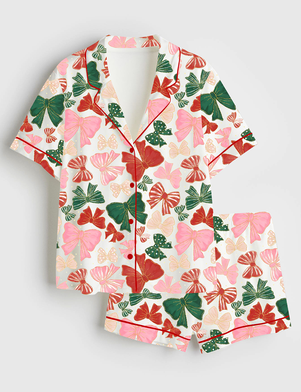 Womenâ€™s Preppy Christmas Coquette Bows Short Sleeve Satin Pajama Set