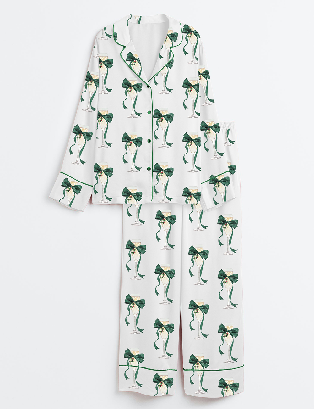 Women’s Preppy Christmas Holiday Cocktail Prosecco Party Long Sleeve Satin Pajama Set