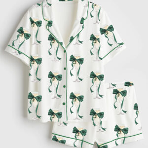 Women's Preppy Christmas Holiday Cocktail Prosecco Party Short Sleeve Satin Pajama Set