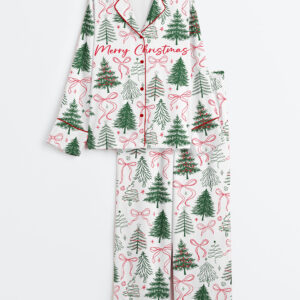 Womenâ€™s Preppy Christmas Tree Coquette Bow Merry Christmas Long Sleeve Silky Satin Pajama Set