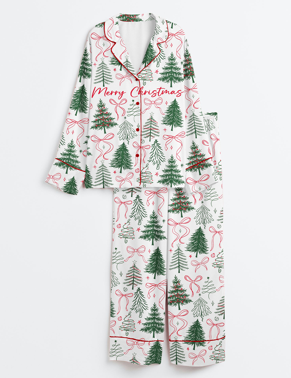 Women’s Preppy Christmas Tree Coquette Bow Merry Christmas Long Sleeve Silky Satin Pajama Set