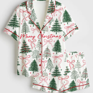 Women's Preppy Christmas Tree Coquette Bow Merry Christmas Short Sleeve Silky Satin Pajama Set
