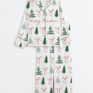 Women's Preppy Christmas Tree Coquette Merry Christmas Long Sleeve Satin Pajamas Set