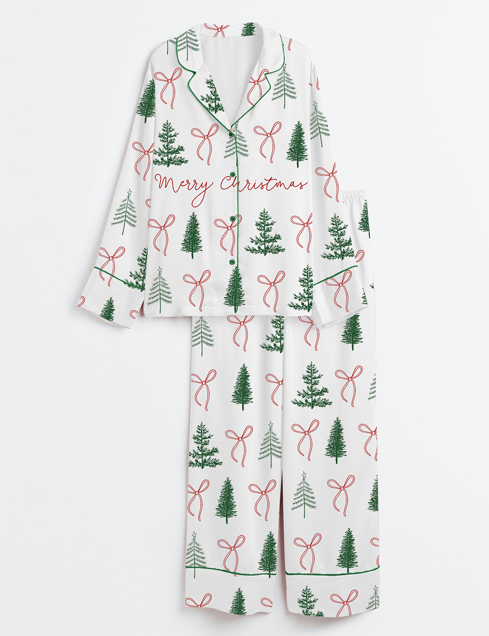 Women's Preppy Christmas Tree Coquette Merry Christmas Long Sleeve Satin Pajamas Set