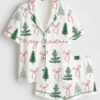 Womenâ€™s Preppy Christmas Tree Coquette Merry Christmas Short Sleeve Satin Pajama Set