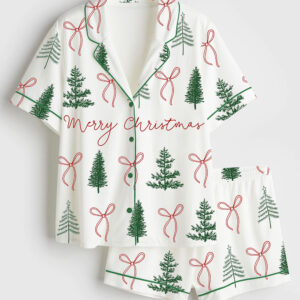 Women's Preppy Christmas Tree Coquette Merry Christmas Short Sleeve Satin Pajama Set