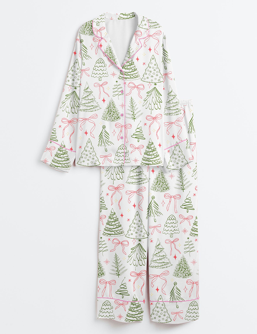 Womenâ€™s Preppy Christmas Tree Vintage Coquette Bow Long Sleeve Satin Pajama Set