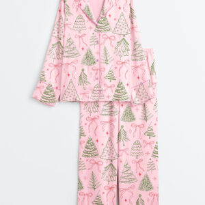 Alternative view of Women's Preppy Christmas Tree Vintage Coquette Bow Long Sleeve Satin Pajamas Set