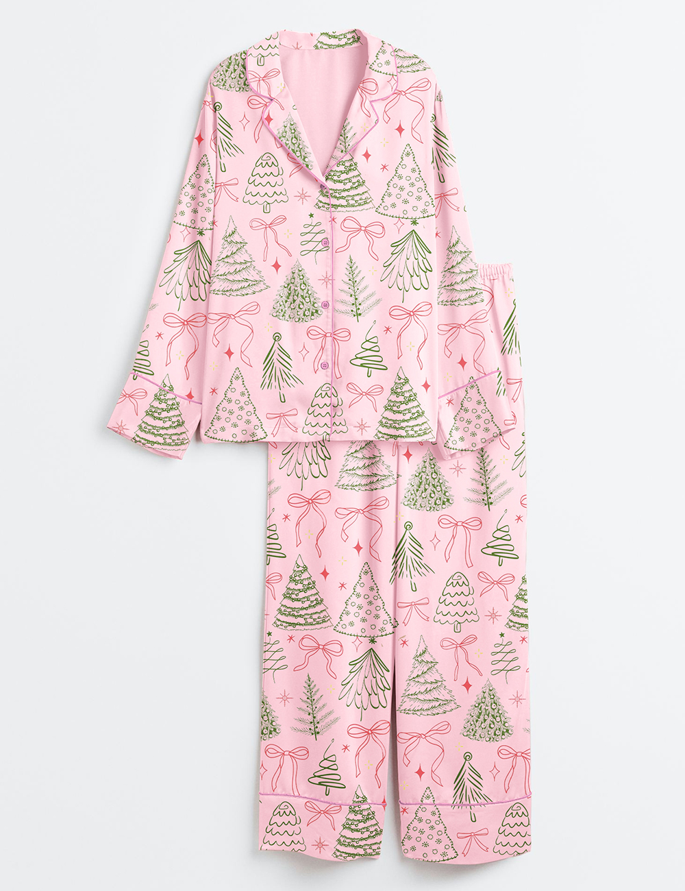 Women's Preppy Christmas Tree Vintage Coquette Bow Long Sleeve Satin Pajamas Set - Image 2