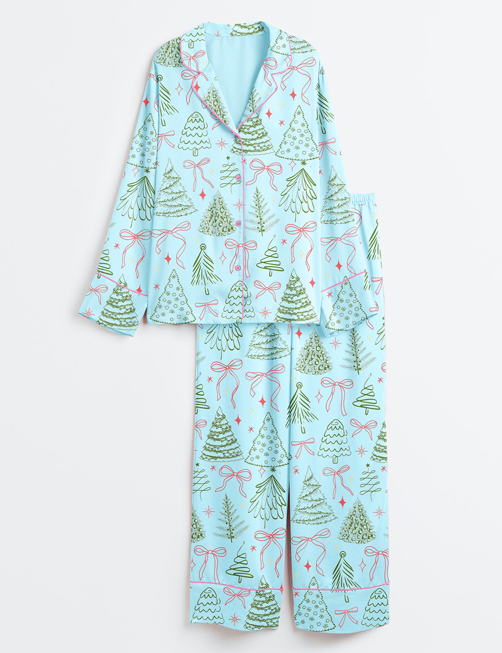 Women's Preppy Christmas Tree Vintage Coquette Bow Long Sleeve Satin Pajamas Set - Image 3