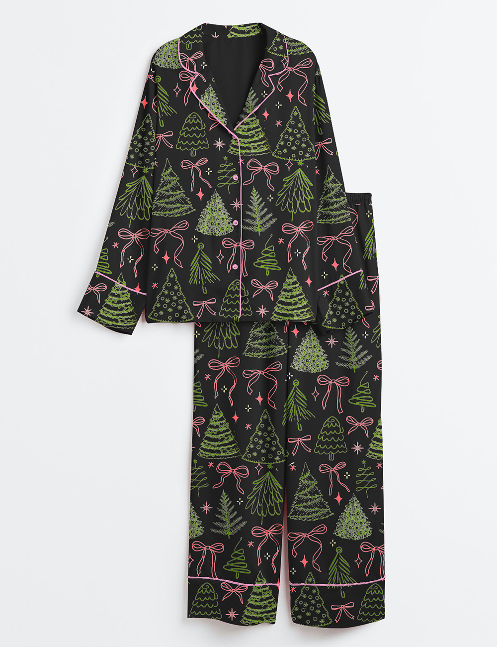 Women's Preppy Christmas Tree Vintage Coquette Bow Long Sleeve Satin Pajamas Set - Image 4