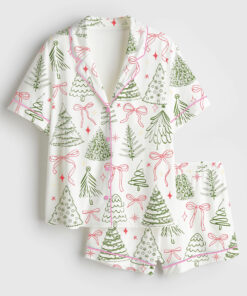 Women's Preppy Christmas Tree Vintage Coquette Bow Short Sleeve Satin Pajama Set