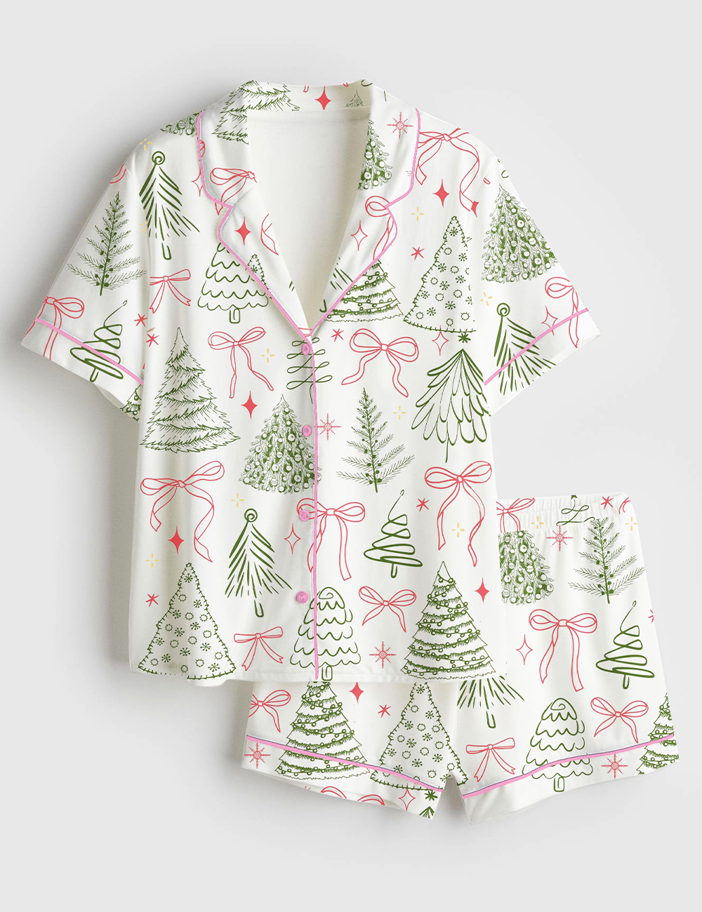 Womenâ€™s Preppy Christmas Tree Vintage Coquette Bow Short Sleeve Satin Pajama Set