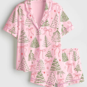Alternative view of Women's Preppy Christmas Tree Vintage Coquette Bow Short Sleeve Satin Pajamas Set