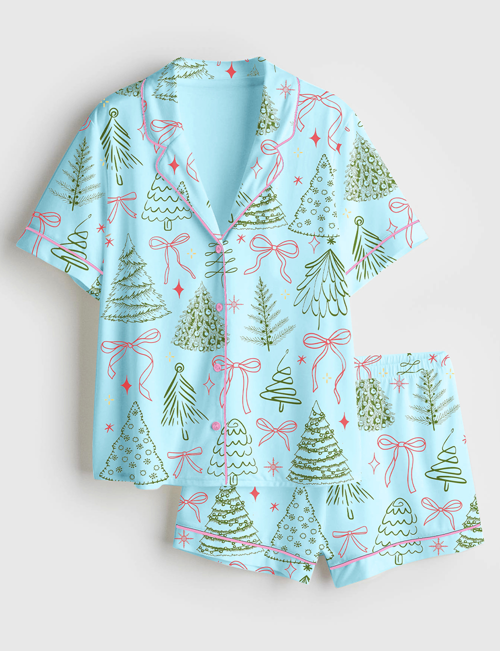 Women's Preppy Christmas Tree Vintage Coquette Bow Short Sleeve Satin Pajamas Set - Image 3
