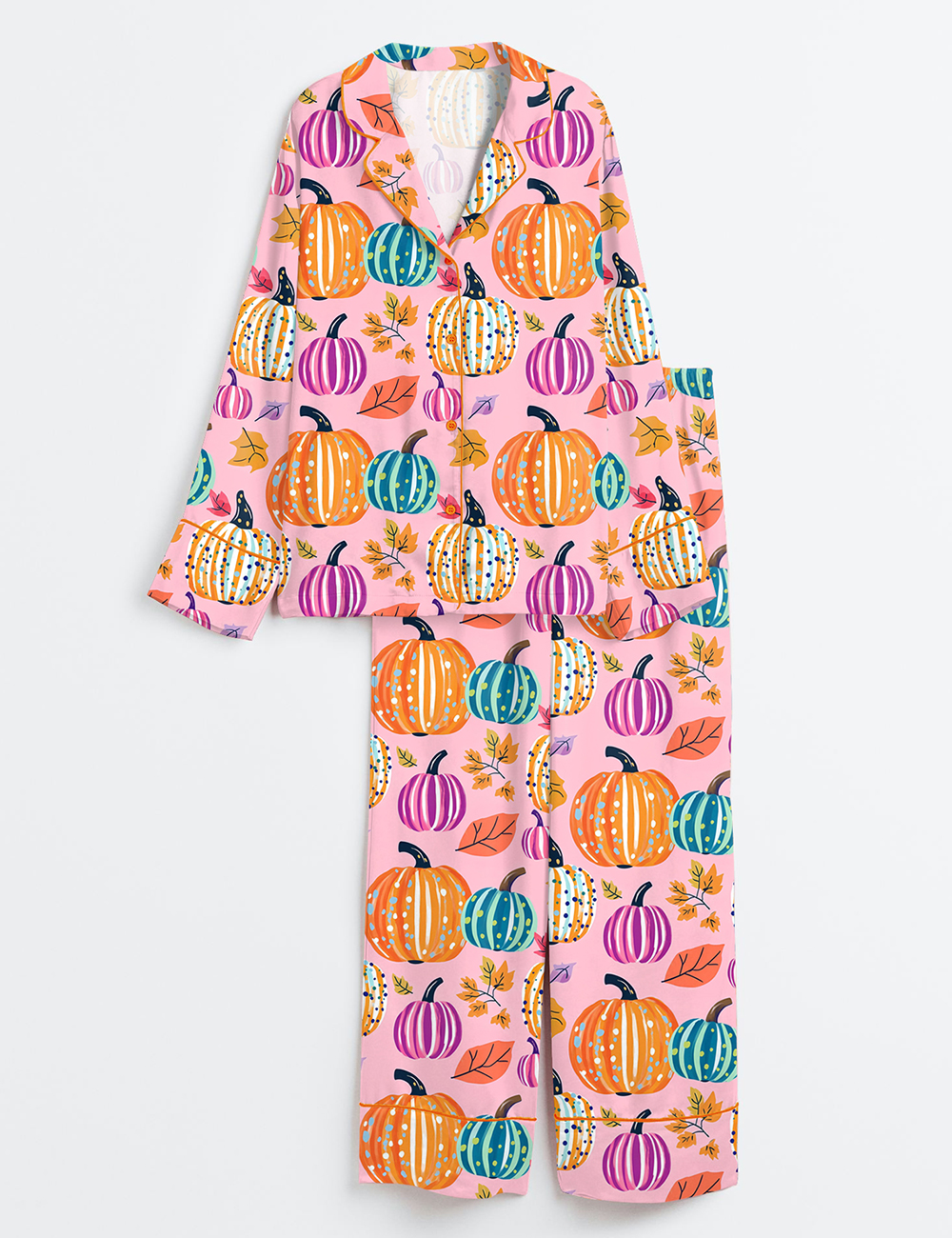 Womenâ€™s Preppy Painted Pumpkins Pastel Fall Pumpkin Cute Autumn Halloween Long Sleeve Satin Pajama Set