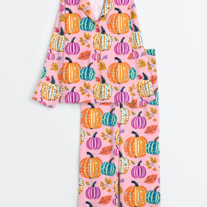 Women's Preppy Painted Pumpkins Pastel Fall Pumpkin Cute Autumn Halloween Long Sleeve Satin Pajama Set