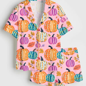 Women's Preppy Painted Pumpkins Pastel Fall Pumpkin Cute Autumn Halloween Short Sleeve Satin Pajama Set