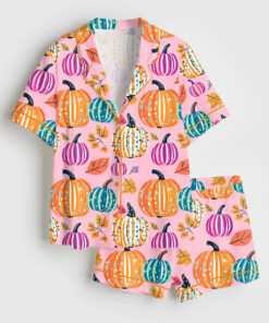 Women's Preppy Painted Pumpkins Pastel Fall Pumpkin Cute Autumn Halloween Short Sleeve Satin Pajama Set