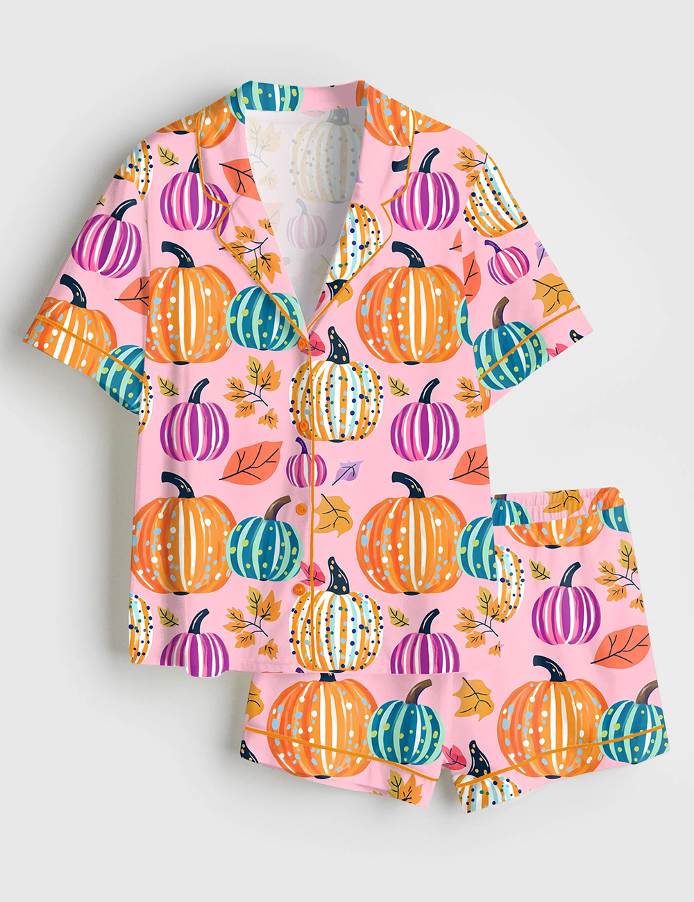 Womenâ€™s Preppy Painted Pumpkins Pastel Fall Pumpkin Cute Autumn Halloween Short Sleeve Satin Pajama Set