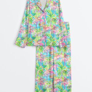 Women's Preppy Palm Tree Tropical Bright Island Beach Long Sleeve Satin Pajamas Set
