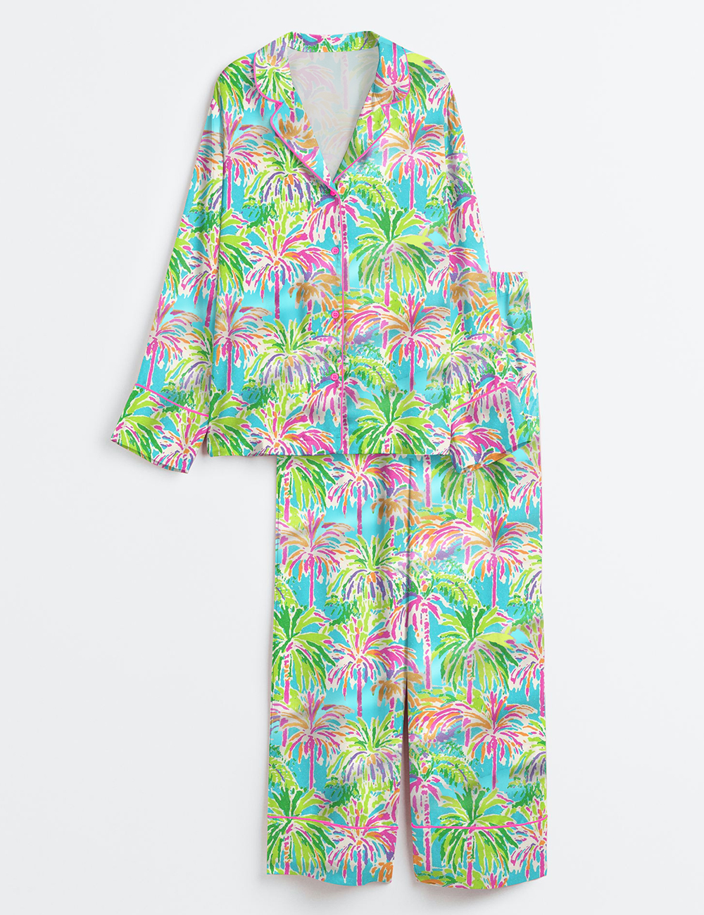 Women's Preppy Palm Tree Tropical Bright Island Beach Long Sleeve Satin Pajamas Set