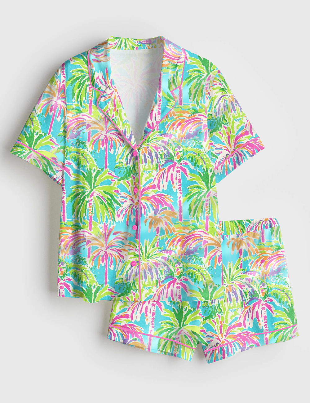 Womenâ€™s Preppy Palm Tree Tropical Bright Island Beach Short Sleeve Satin Pajama Set