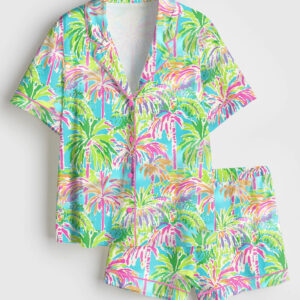 Women's Preppy Palm Tree Tropical Bright Island Beach Short Sleeve Satin Pajama Set