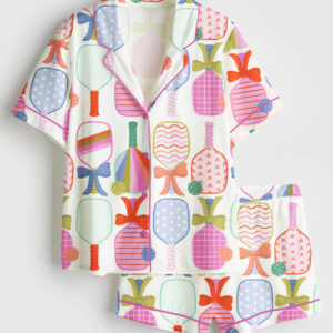 Women's Preppy Pickle Paddle Pickleball Short Sleeve Satin Pajama Set