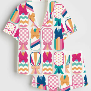 Women's Preppy Pickle Paddle Pickleball Short Sleeve Satin Pajama Set