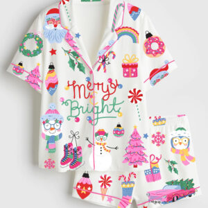 Womenâ€™s Preppy Pink Christmas Character Merry And Bright Short Sleeve Silky Satin Pajama Set