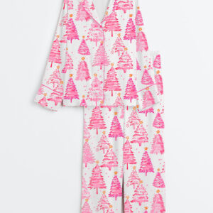 Women's Preppy Pink Christmas Trees Long Sleeve Satin Pajamas Set