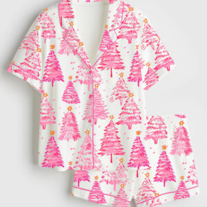 Women's Preppy Pink Christmas Trees Short Sleeve Satin Pajama Set