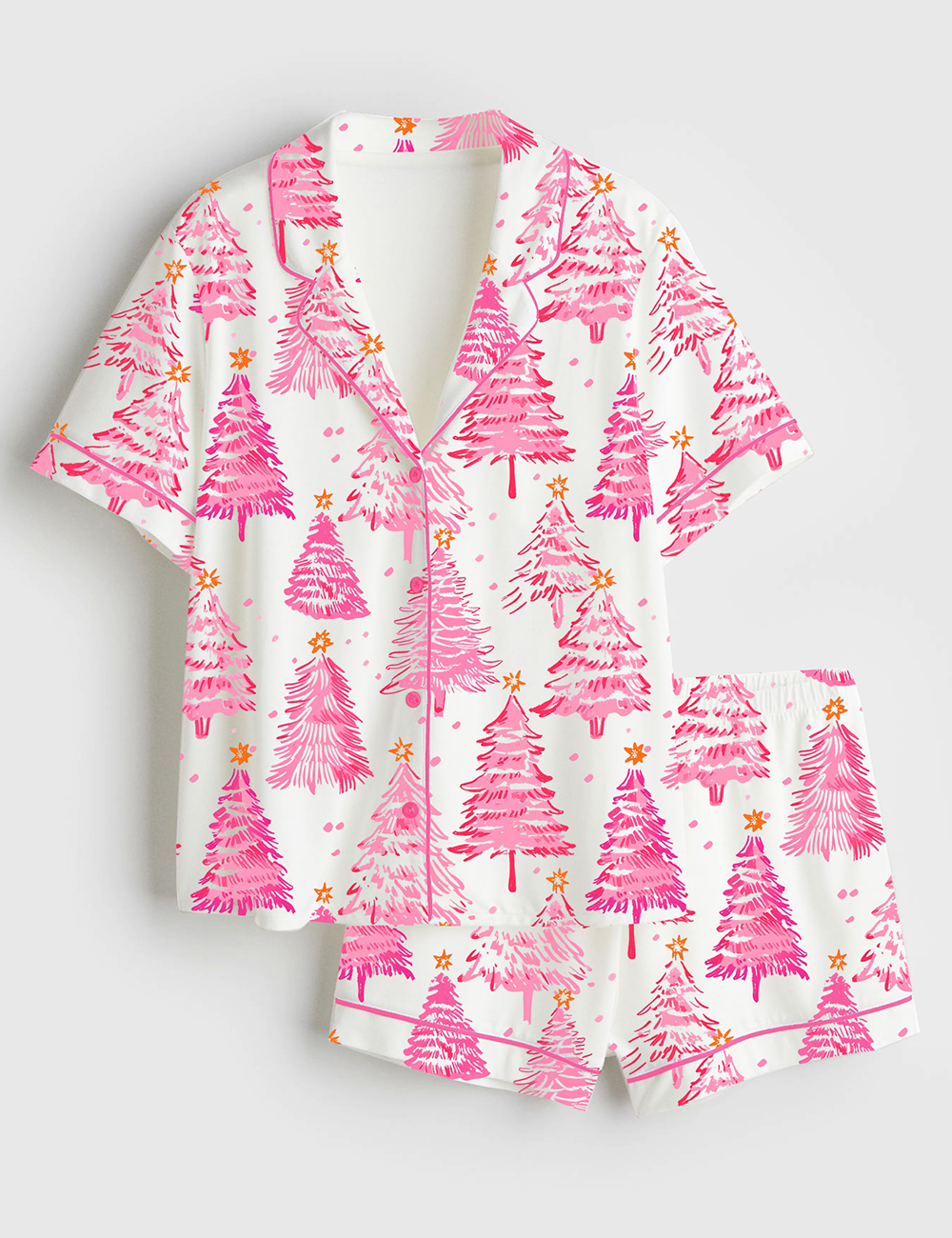 Women's Preppy Pink Christmas Trees Short Sleeve Satin Pajama Set