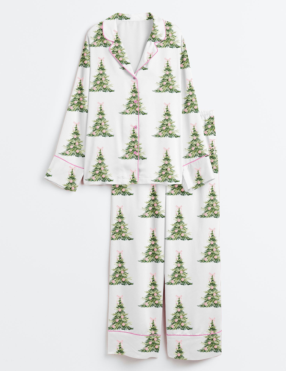 Womenâ€™s Preppy Pink Grandmillenial Coquette Pink Christmas Tree Long Sleeve Satin Pajama Set