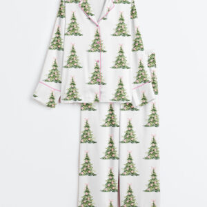 Women's Preppy Pink Grandmillenial Coquette Pink Christmas Tree Long Sleeve Satin Pajamas Set