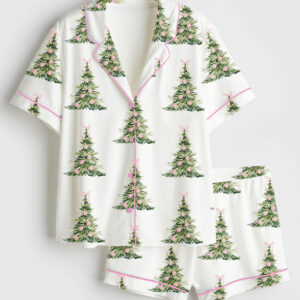 Womenâ€™s Preppy Pink Grandmillenial Coquette Pink Christmas Tree Short Sleeve Satin Pajama Set
