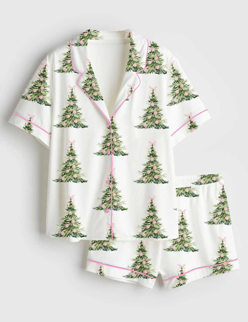 Womenâ€™s Preppy Pink Grandmillenial Coquette Pink Christmas Tree Short Sleeve Satin Pajama Set