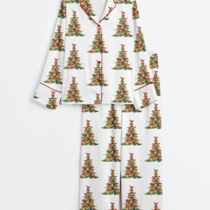 Womenâ€™s Preppy Red Grandmillenial Coquette Christmas Tree Long Sleeve Satin Pajama Set