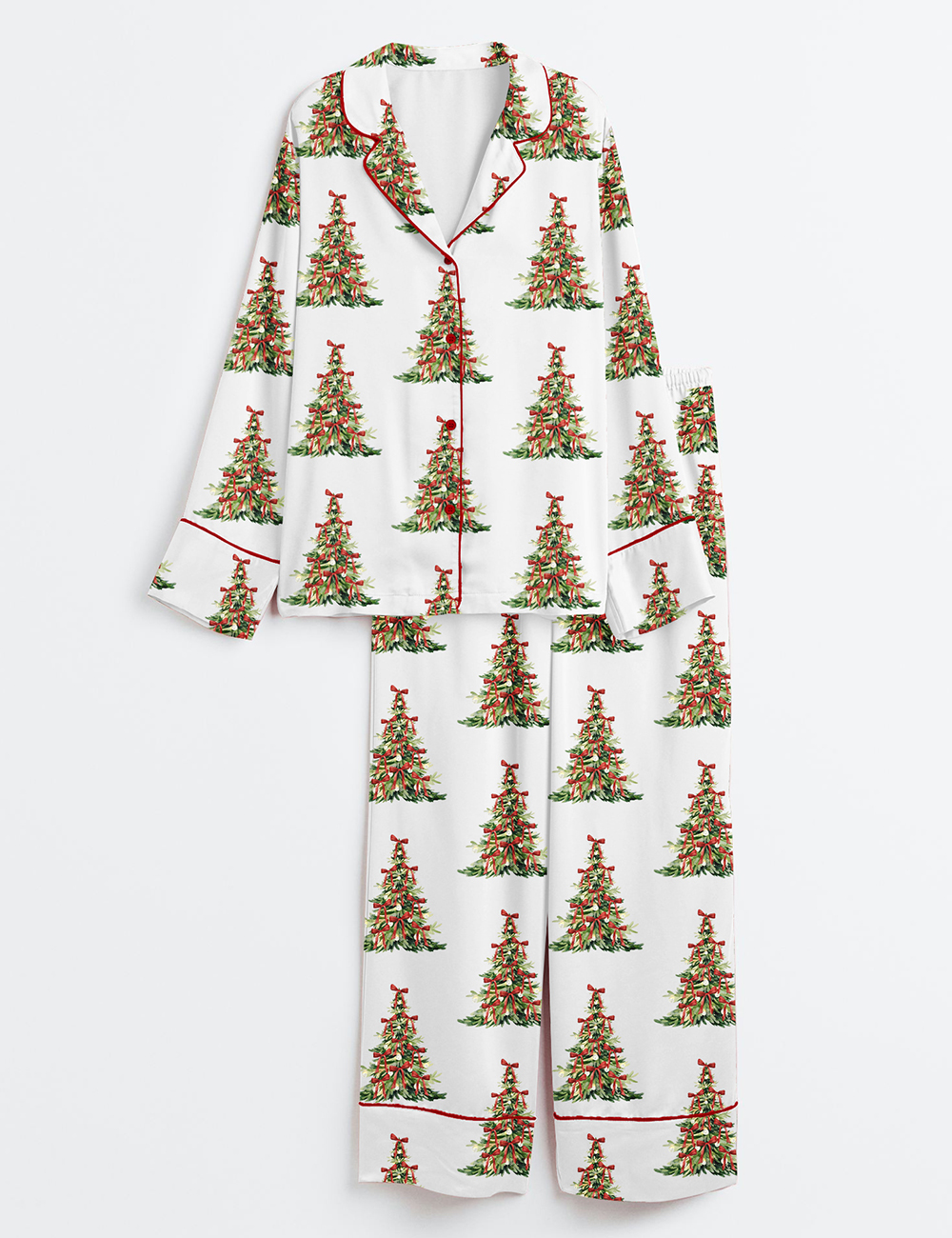 Womenâ€™s Preppy Red Grandmillenial Coquette Christmas Tree Long Sleeve Satin Pajama Set