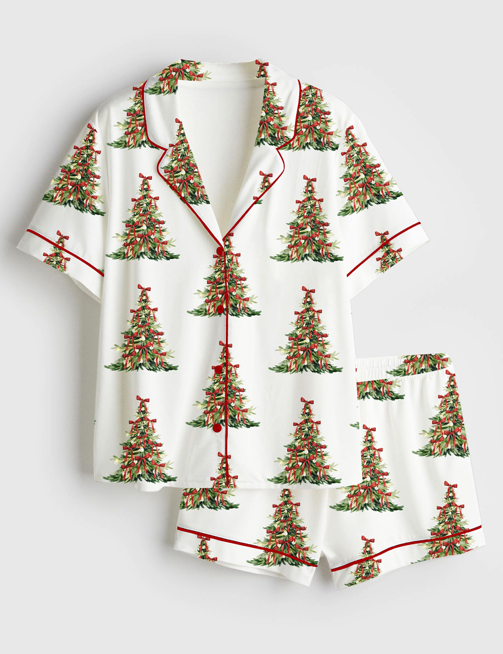 Womenâ€™s Preppy Red Grandmillenial Coquette Christmas Tree Short Sleeve Satin Pajama Set
