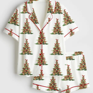 Women's Preppy Red Grandmillenial Coquette Christmas Tree Short Sleeve Satin Pajama Set