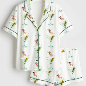 Women's Pretty Girl Jumps Into Martini Cocktail Short Sleeve Satin Pajama Set