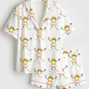 Women's Princess Frog Dancing And Drinking Wine Short Sleeve Satin Pajama Set