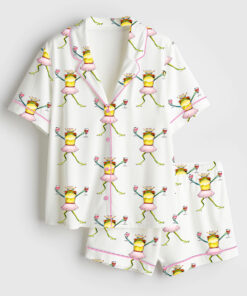 Women's Princess Frog Dancing And Drinking Wine Short Sleeve Satin Pajama Set