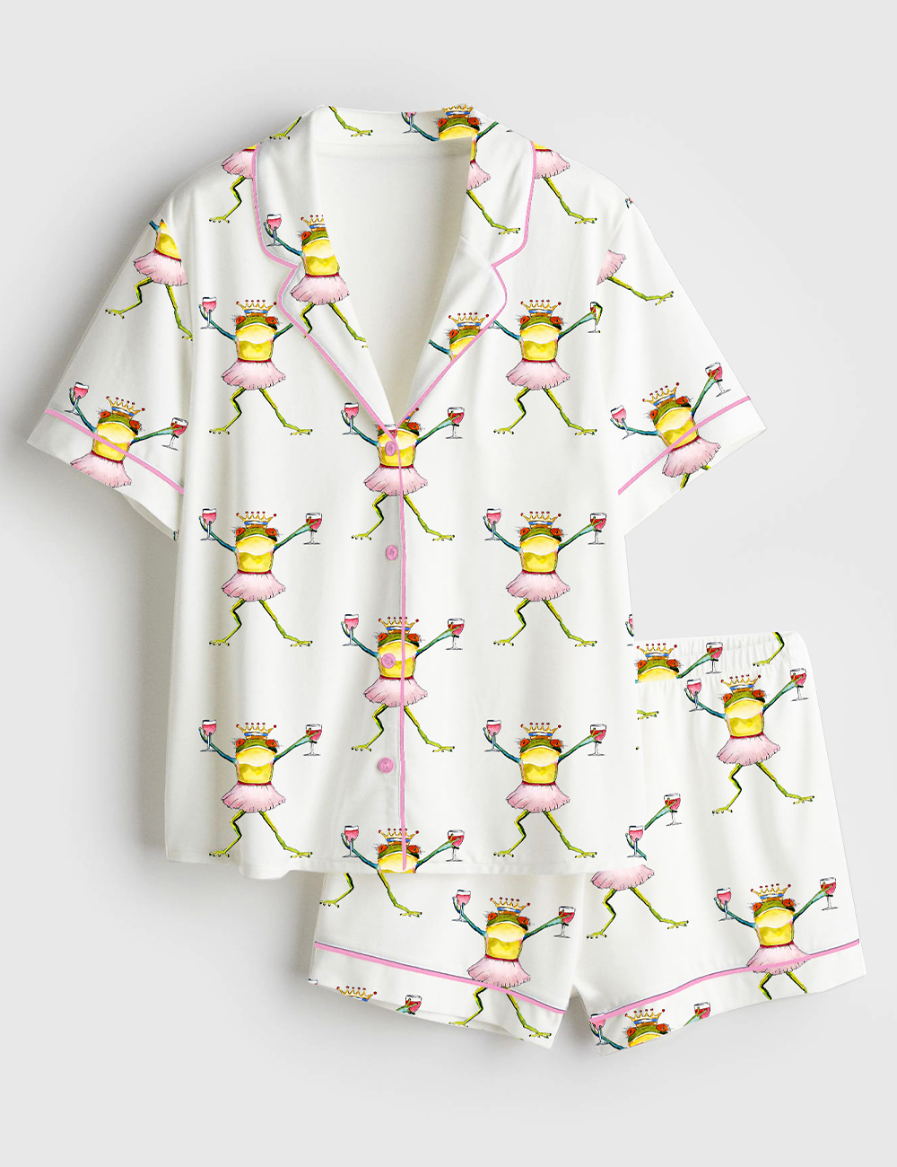Women's Princess Frog Dancing And Drinking Wine Short Sleeve Satin Pajamas Set