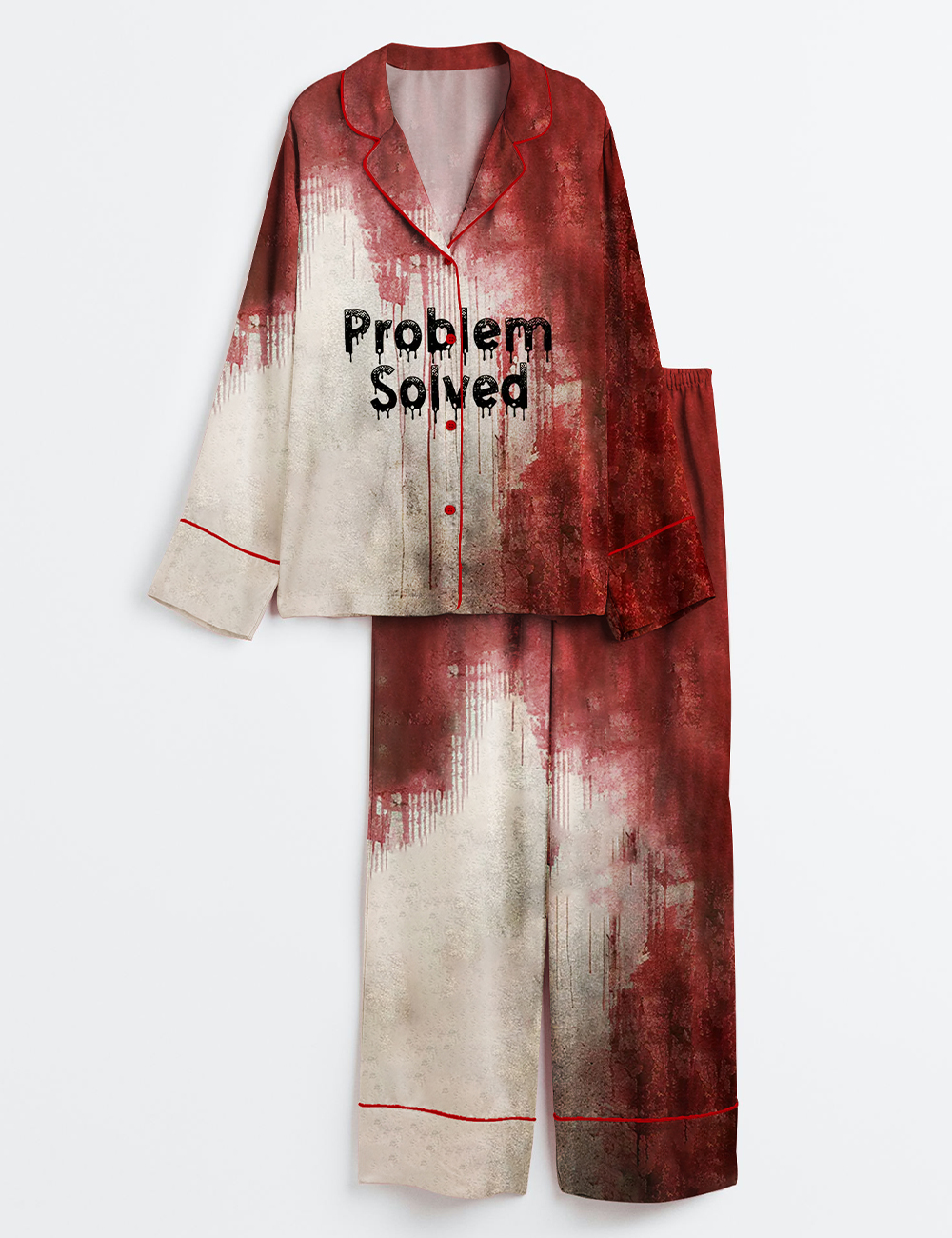 Women's Problem Solved Bloody Horror Halloween Long Sleeve Satin Pajamas Set
