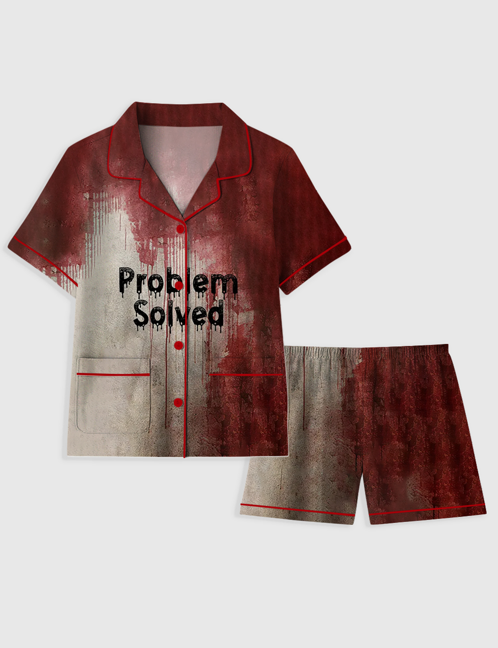 Women's Problem Solved Bloody Horror Halloween Short Sleeve Pocket Cotton Pajama Set