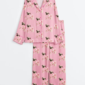 Womenâ€™s Pug In Pink Clothes Breast Cancer Awareness Long Sleeve Satin Pajama Set