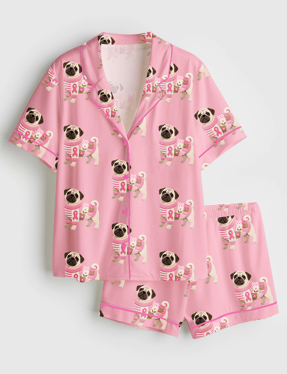 Womenâ€™s Pug In Pink Clothes Breast Cancer Awareness Short Sleeve Satin Pajama Set